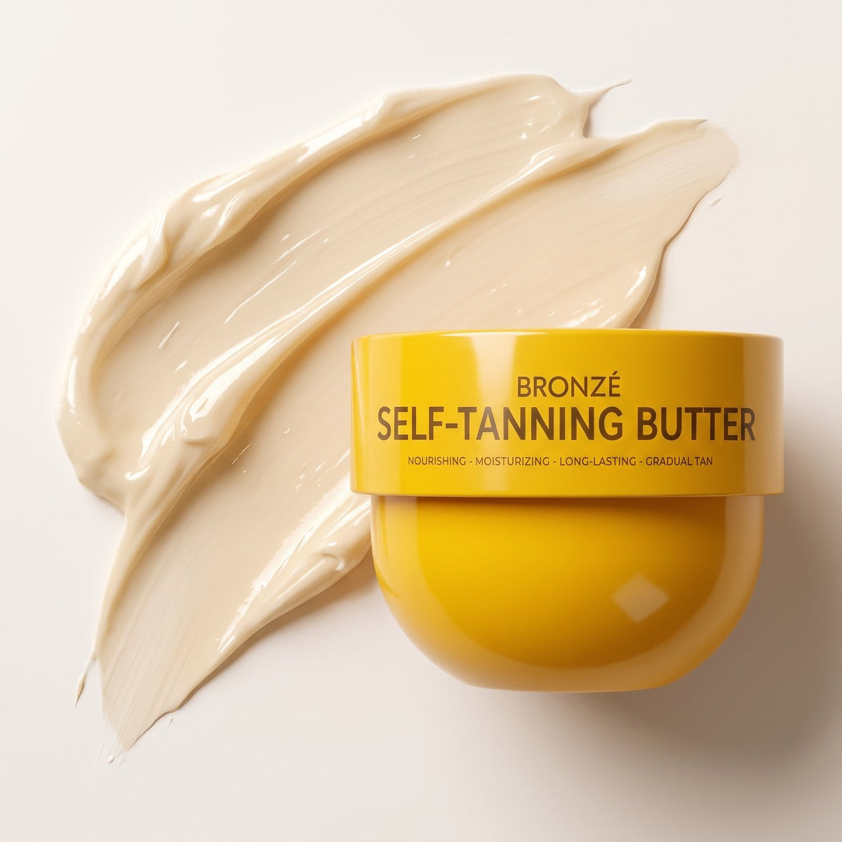 BRONZÉ Self-Tanning Butter jar with a swatch of the cream texture