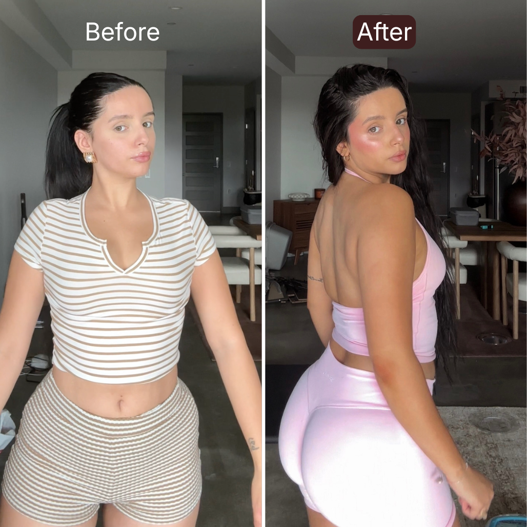 Bronzé customer before and after — full body results