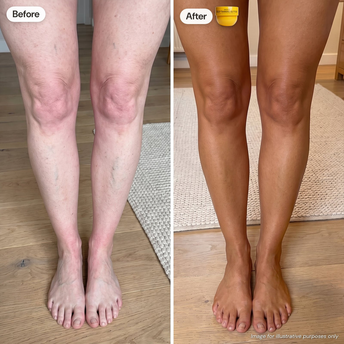 Illustrative before and after: pale legs, then an even deep golden tan with BRONZÉ butter