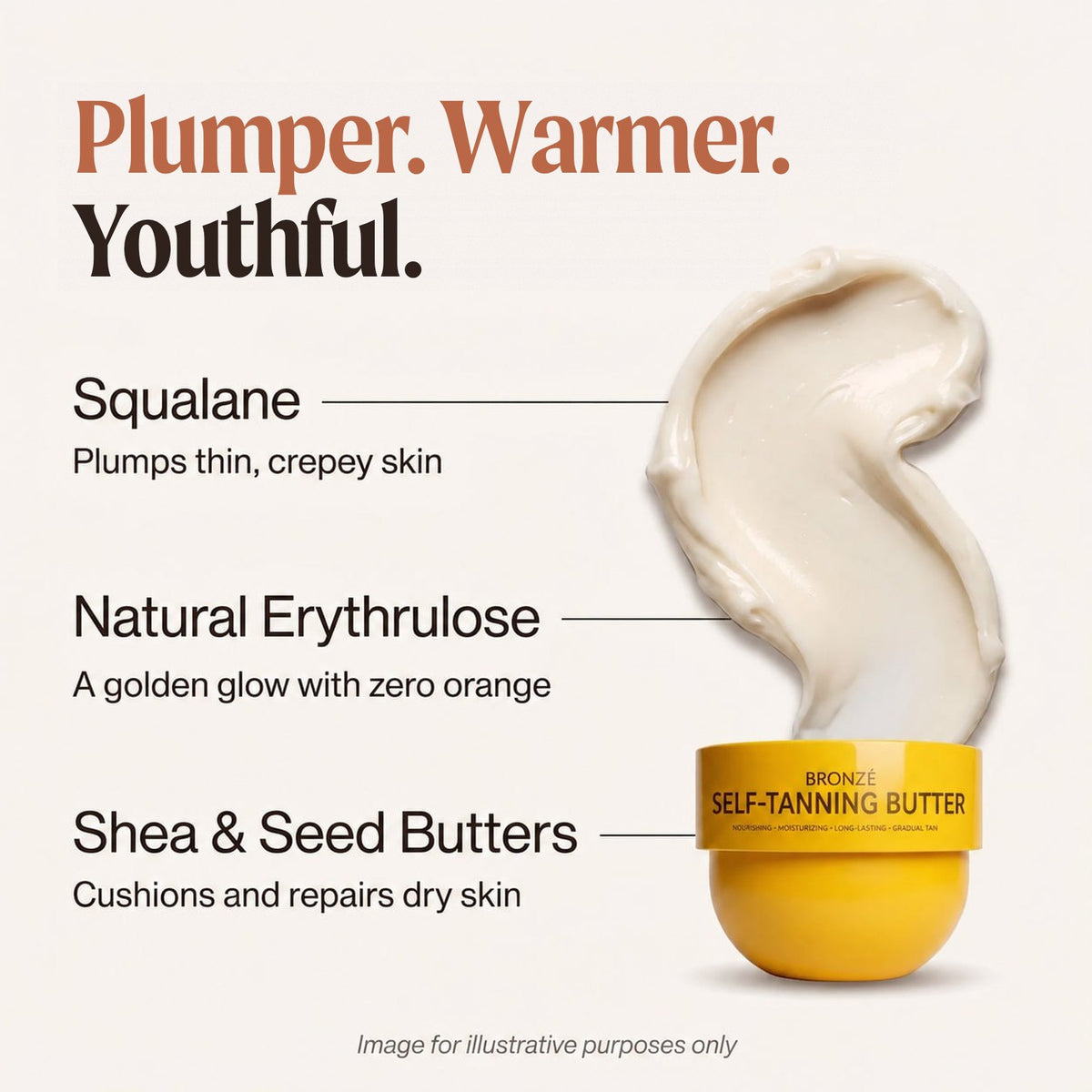 Plumper. Warmer. Youthful. Squalane, natural erythrulose, shea and seed butters