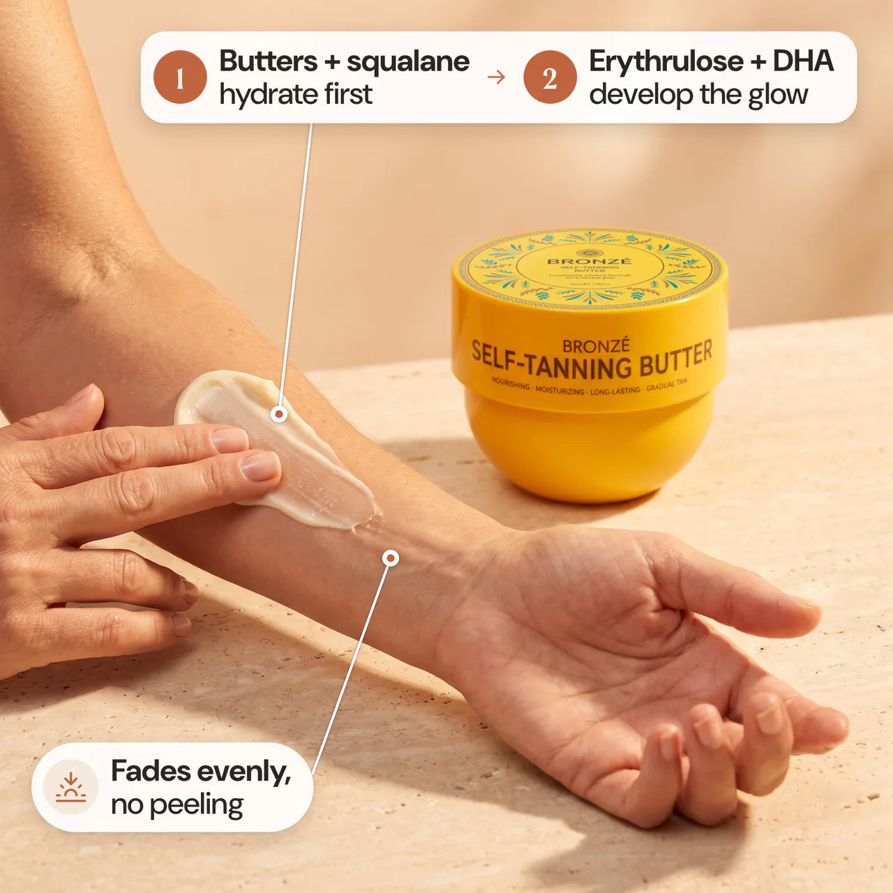 BRONZÉ butter smoothed onto the forearm next to the jar. Step 1: butters and squalane hydrate first. Step 2: erythrulose and DHA develop the glow. Fades evenly, no peeling.
